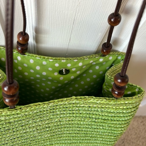 Sonoma life + style green straw weave purse bag wood/leather handle straps - Picture 4 of 6